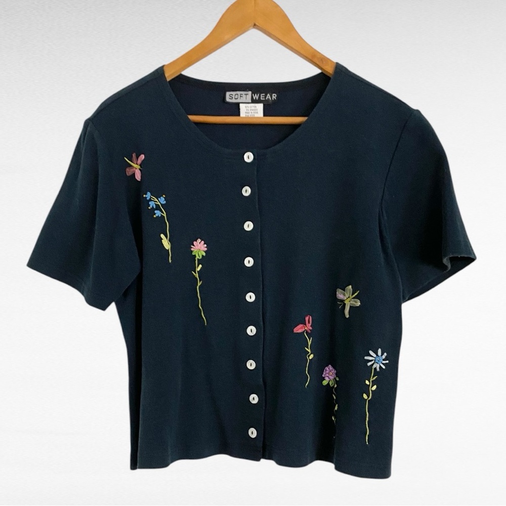VINTAGE | Soft Wear | Navy Blue Embroidered Dainty Florals Relaxed Fit Shirt
